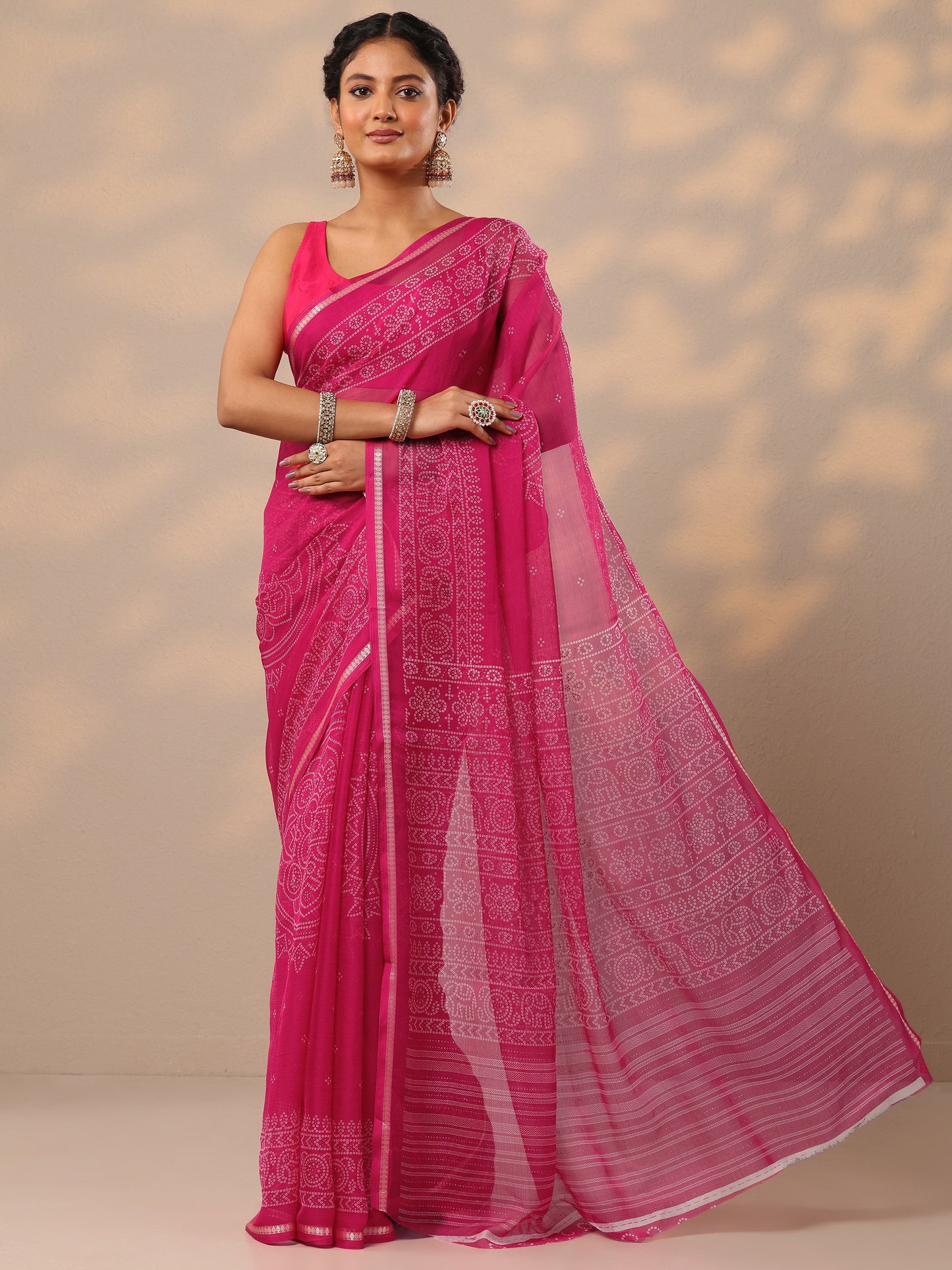 Pink Bandhani Printed Chiffon Saree With Unstitched Blouse Piece