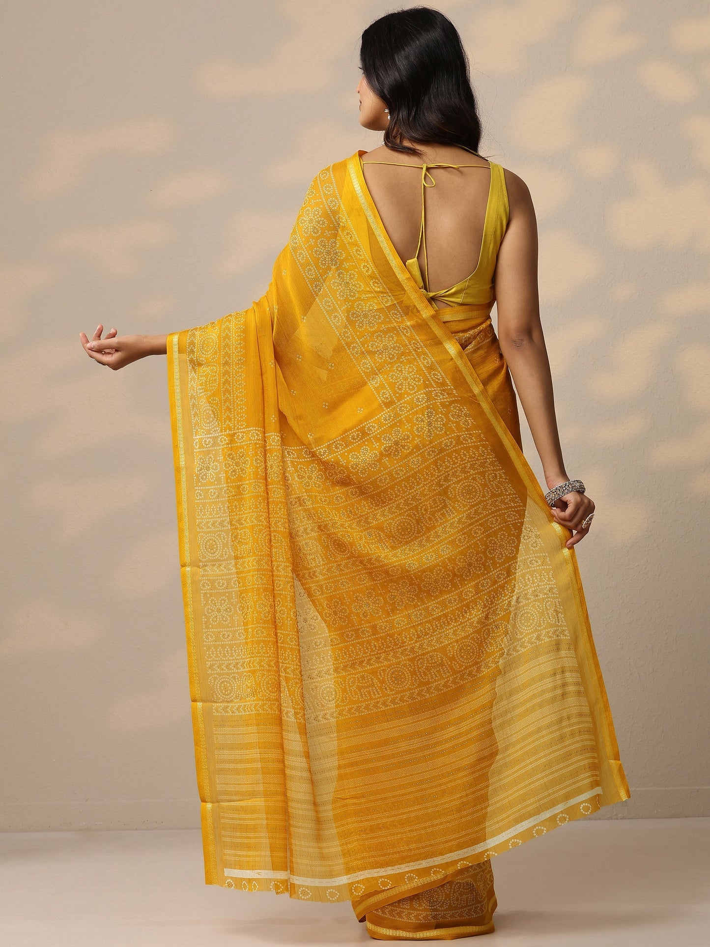 Mustard Bandhani Printed Chiffon Sarees With Unstitched Blouse Piece