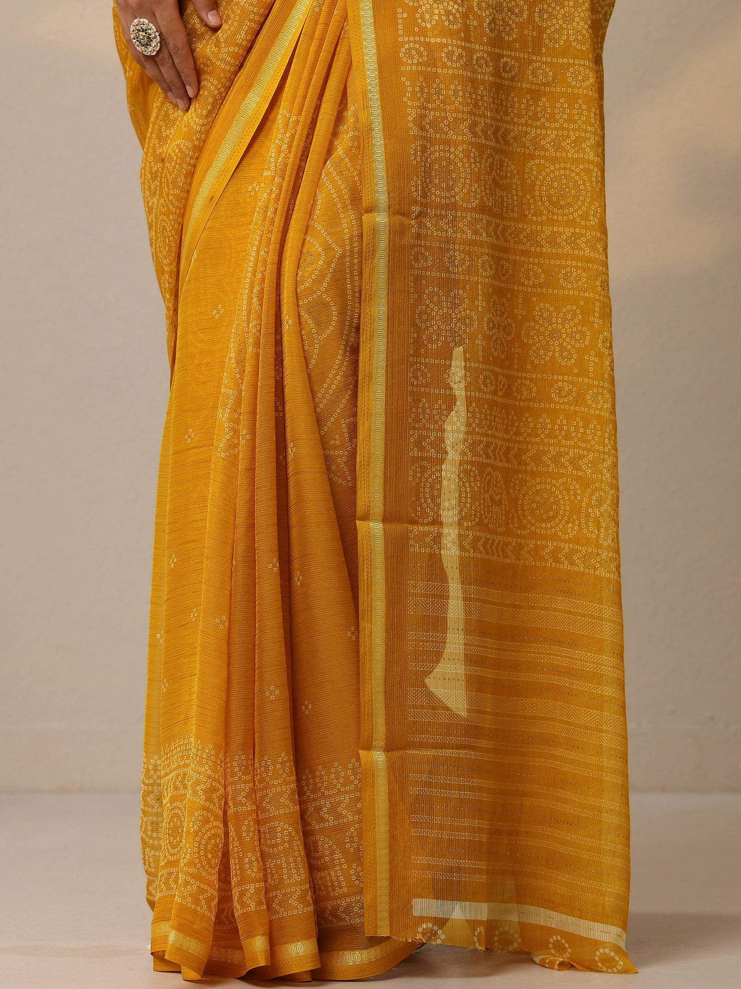 Mustard Bandhani Printed Chiffon Sarees With Unstitched Blouse Piece