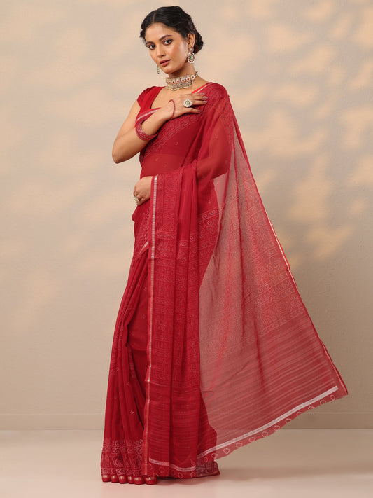 Red Bandhani Printed Chiffon Saree With Unstitched Blouse Piece