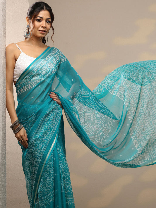Blue Bandhani Printed Chiffon Sarees With Unstitched Blouse Piece