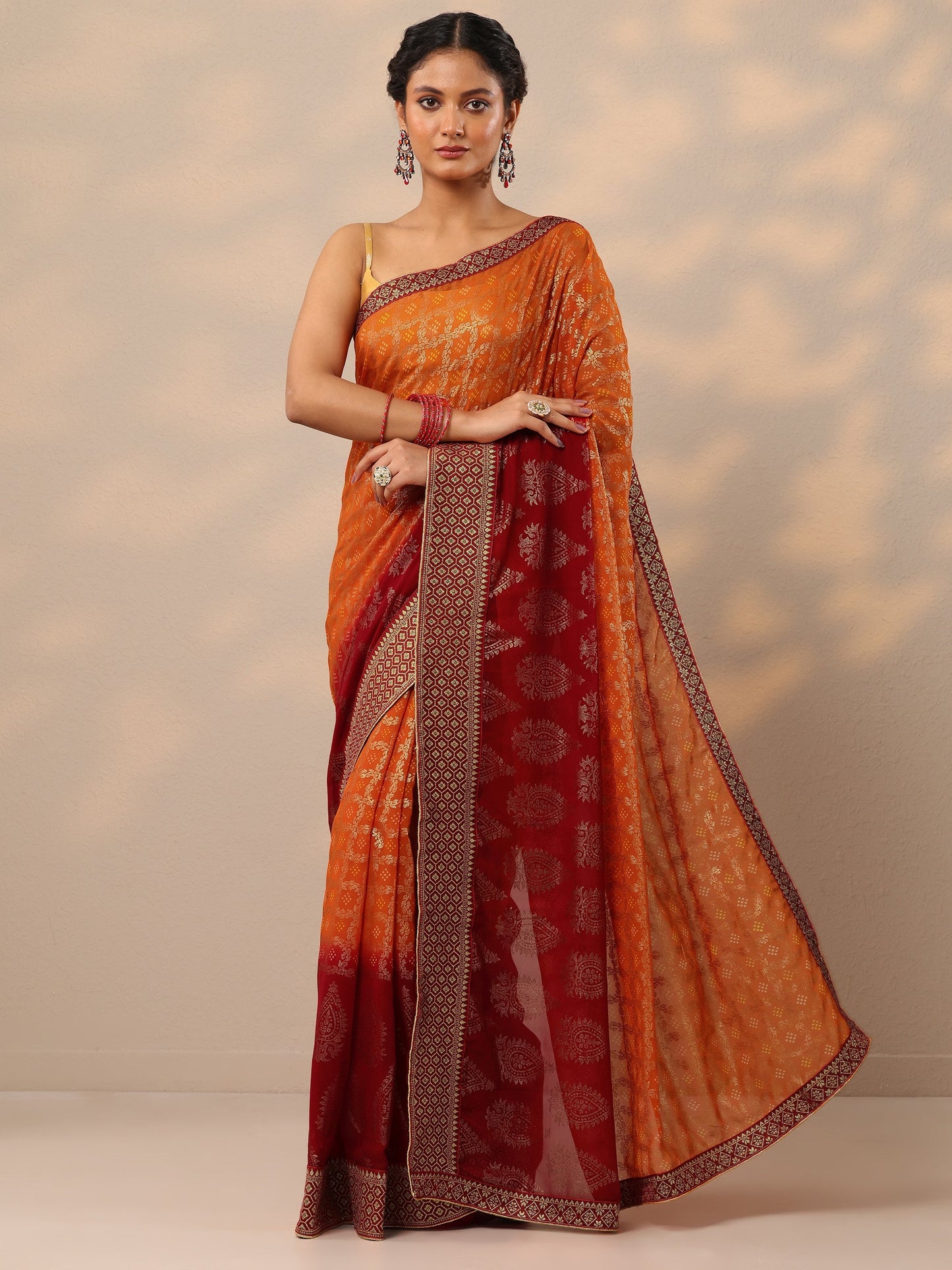 Orange Bandhani Printed Georgette Saree With Unstitched Blouse Piece