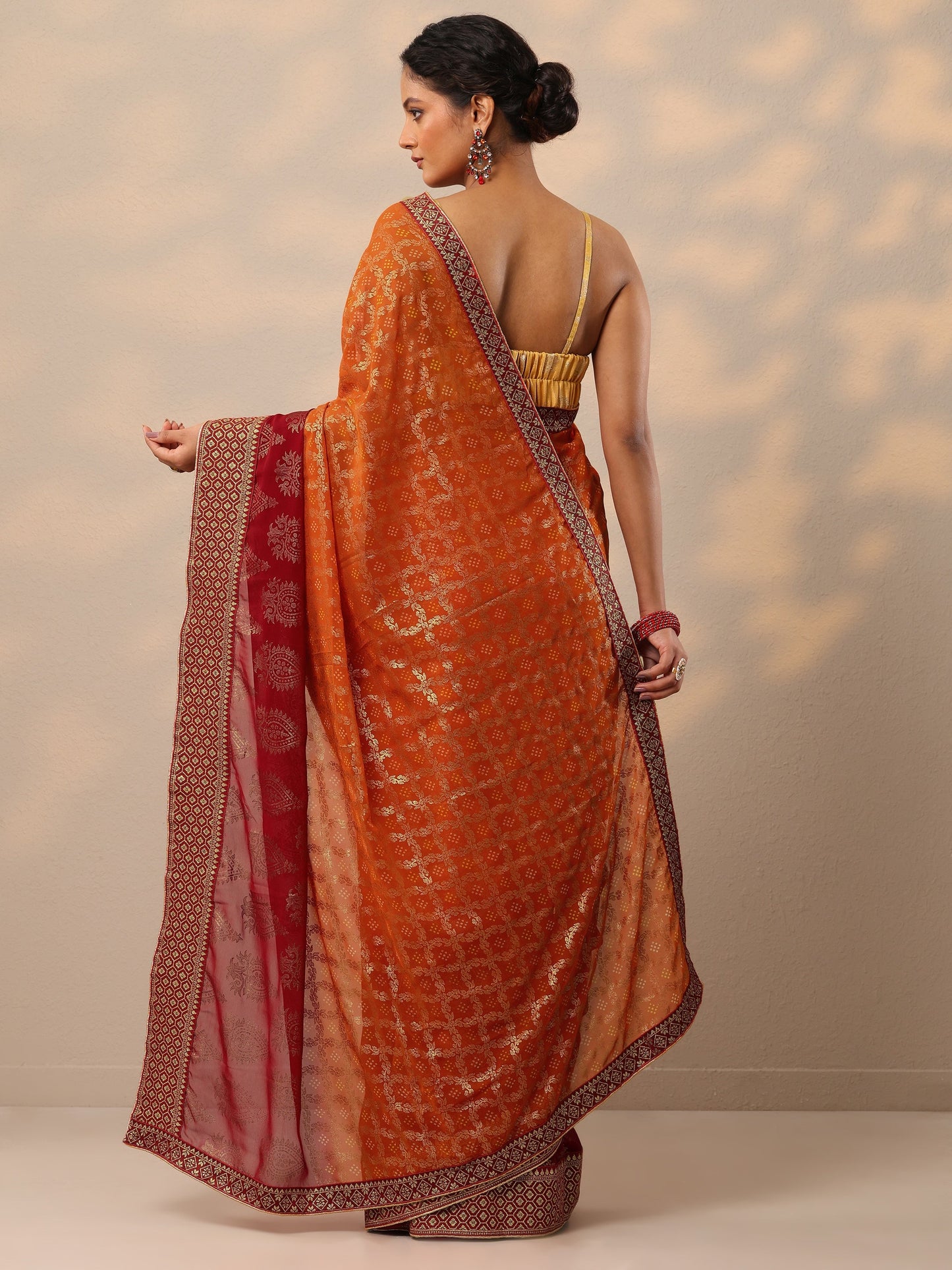 Orange Bandhani Printed Georgette Saree With Unstitched Blouse Piece