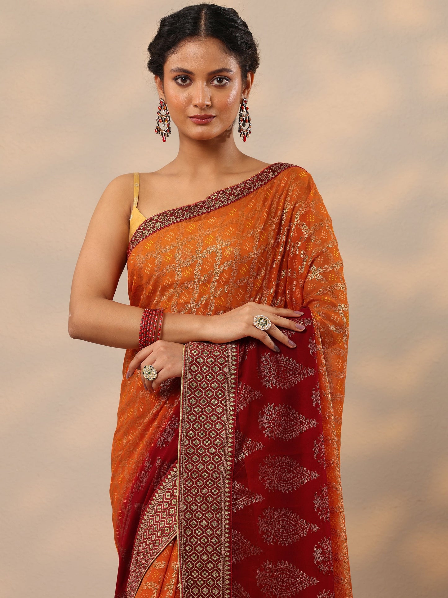 Orange Bandhani Printed Georgette Saree With Unstitched Blouse Piece