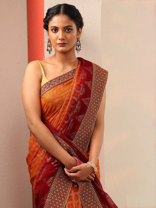 Orange Bandhani Printed Georgette Saree With Unstitched Blouse Piece