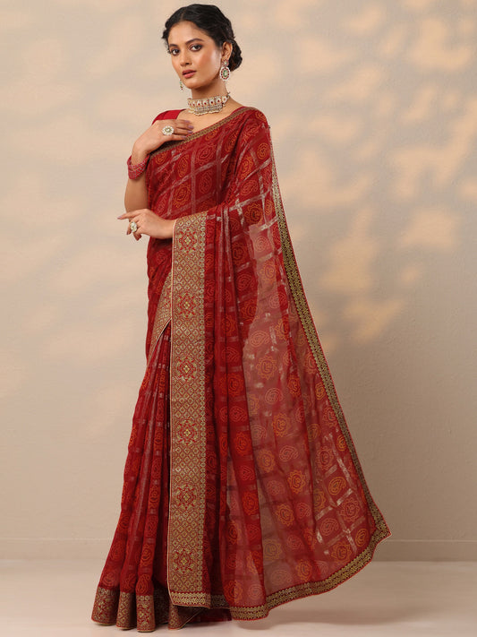 Red Bandhani Printed Georgette Saree With Unstitched Blouse Piece