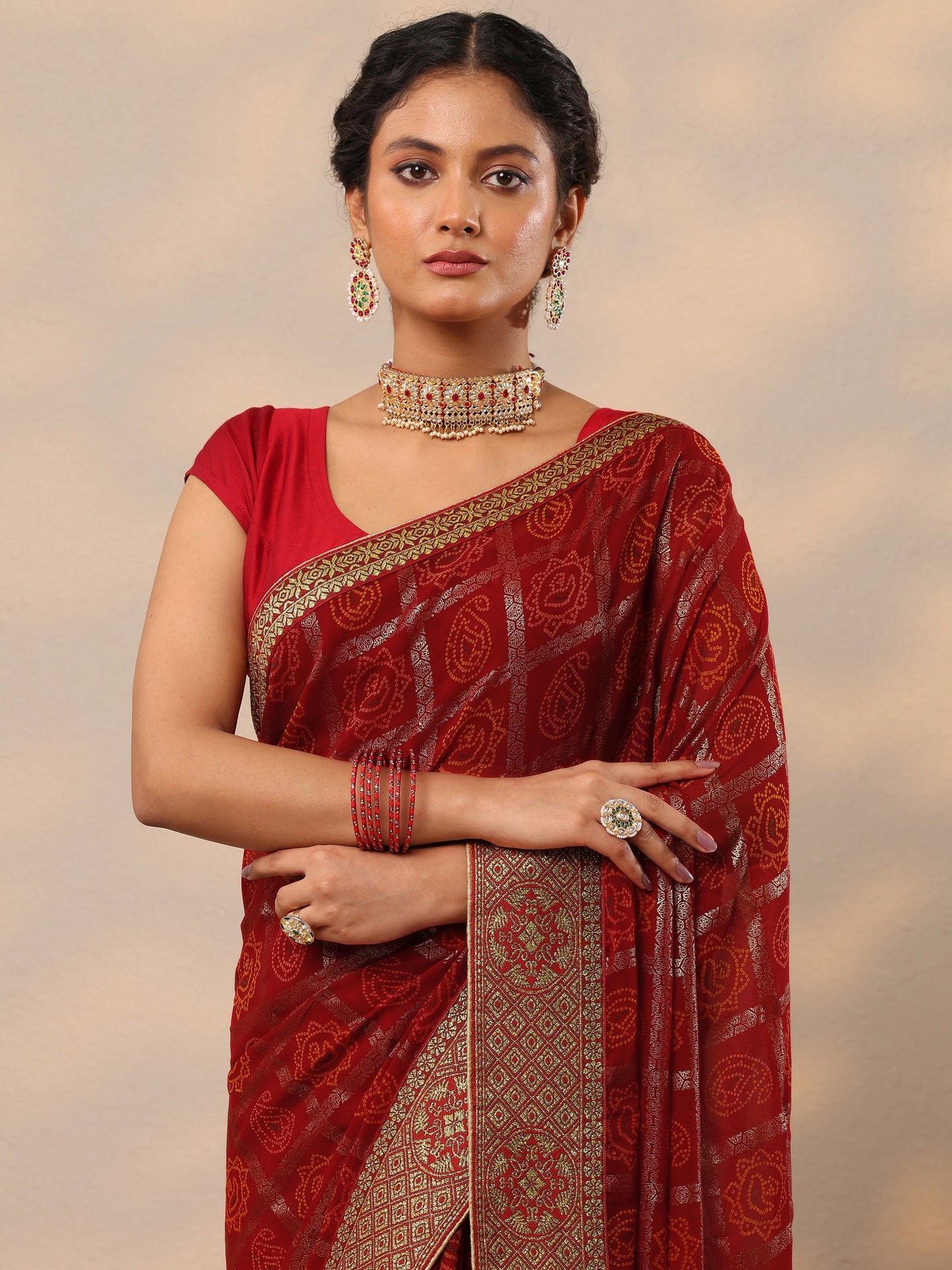 Red Bandhani Printed Georgette Saree With Unstitched Blouse Piece