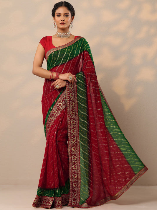 Red Bandhani Printed Georgette Saree With Unstitched Blouse Piece