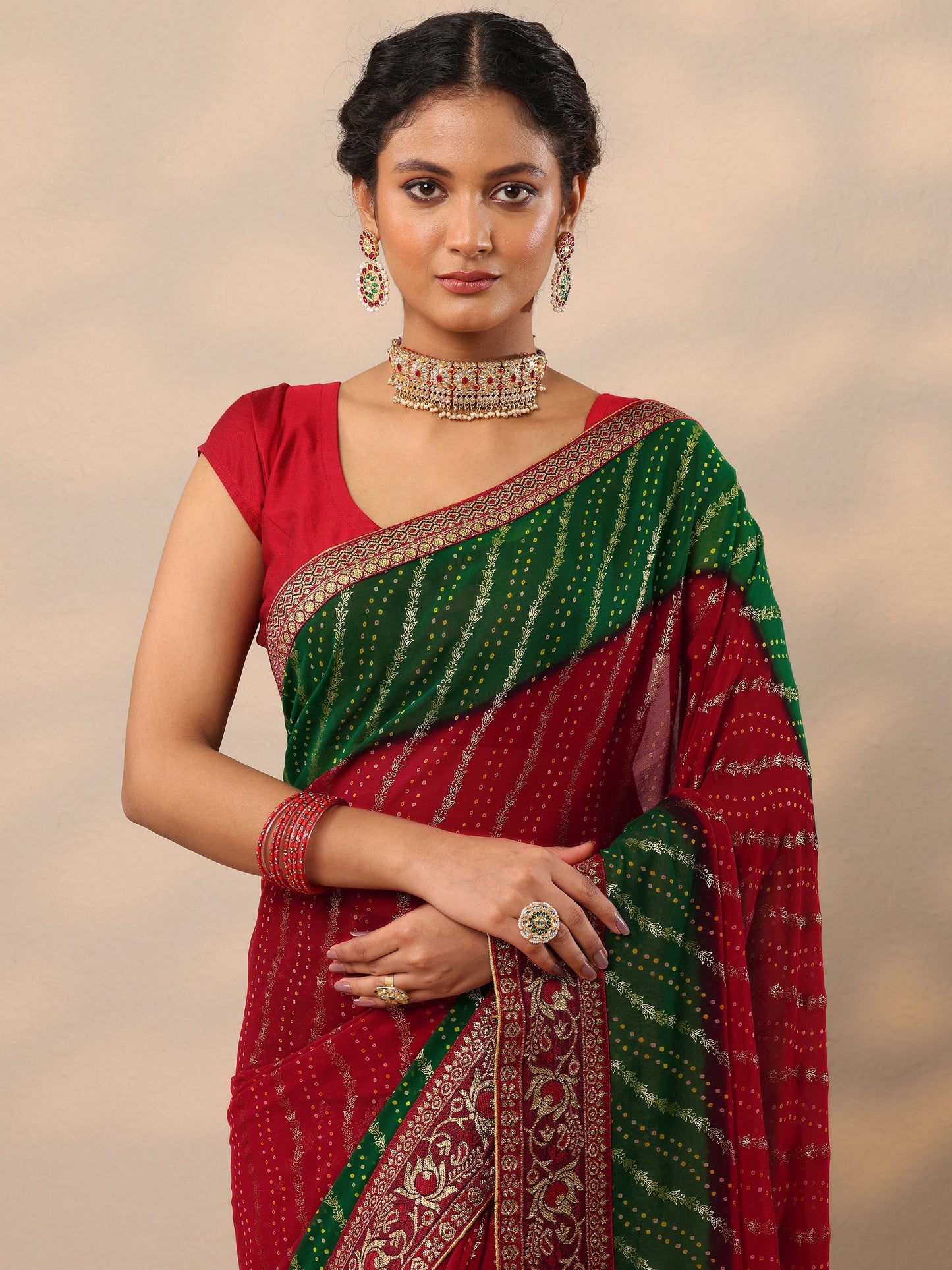 Red Bandhani Printed Georgette Saree With Unstitched Blouse Piece