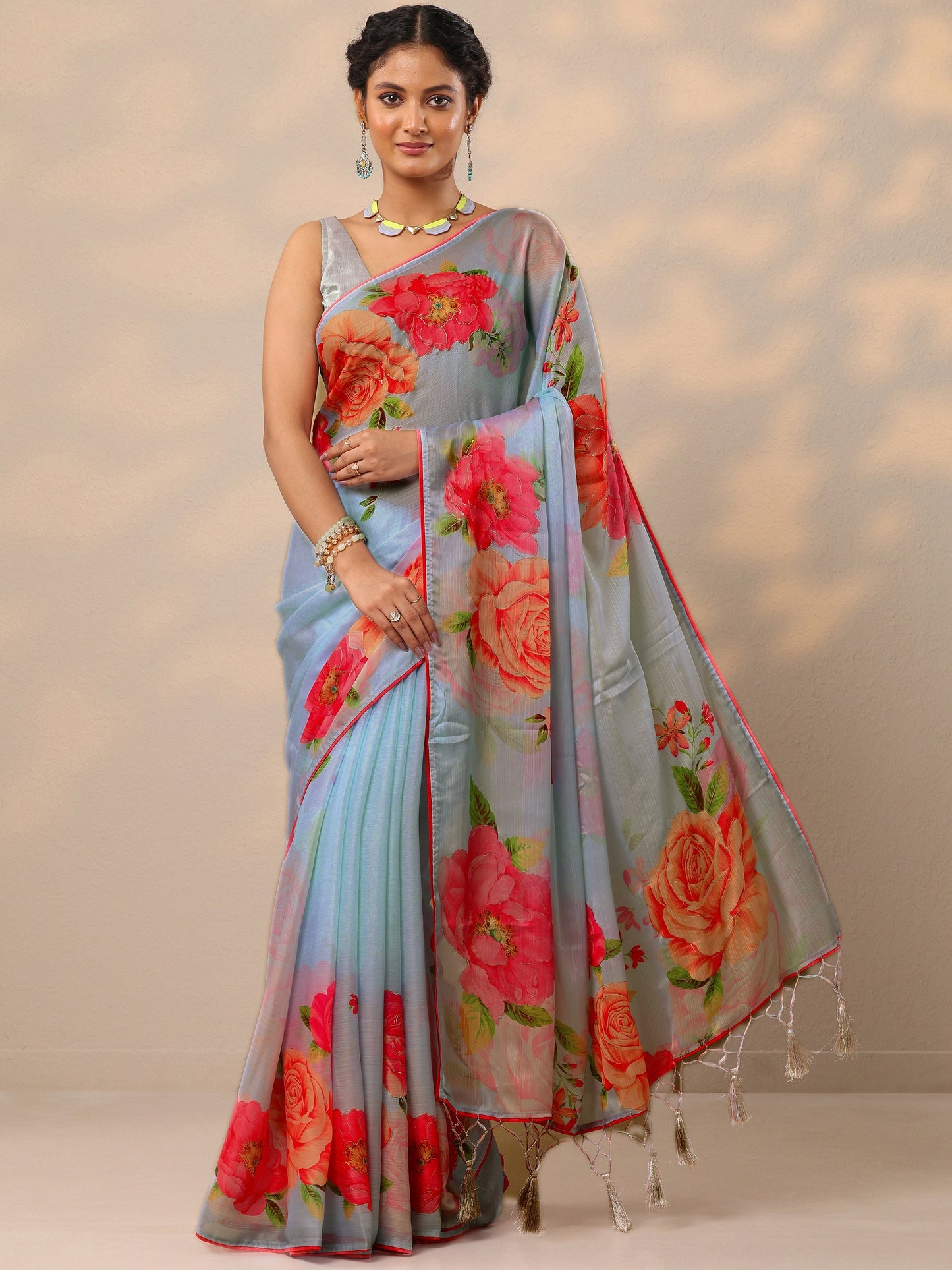 Blue Printed Crepe Saree With Unstitched Blouse Piece