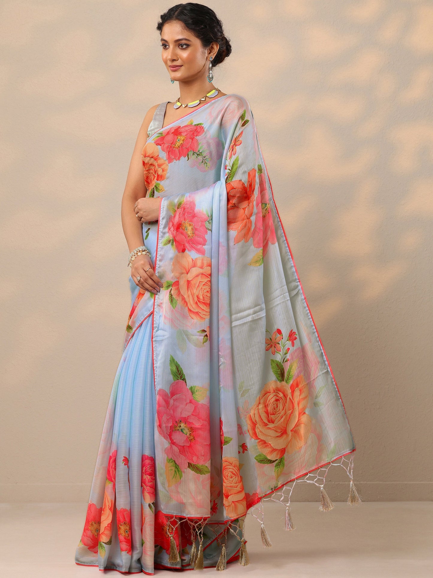 Blue Printed Crepe Saree With Unstitched Blouse Piece