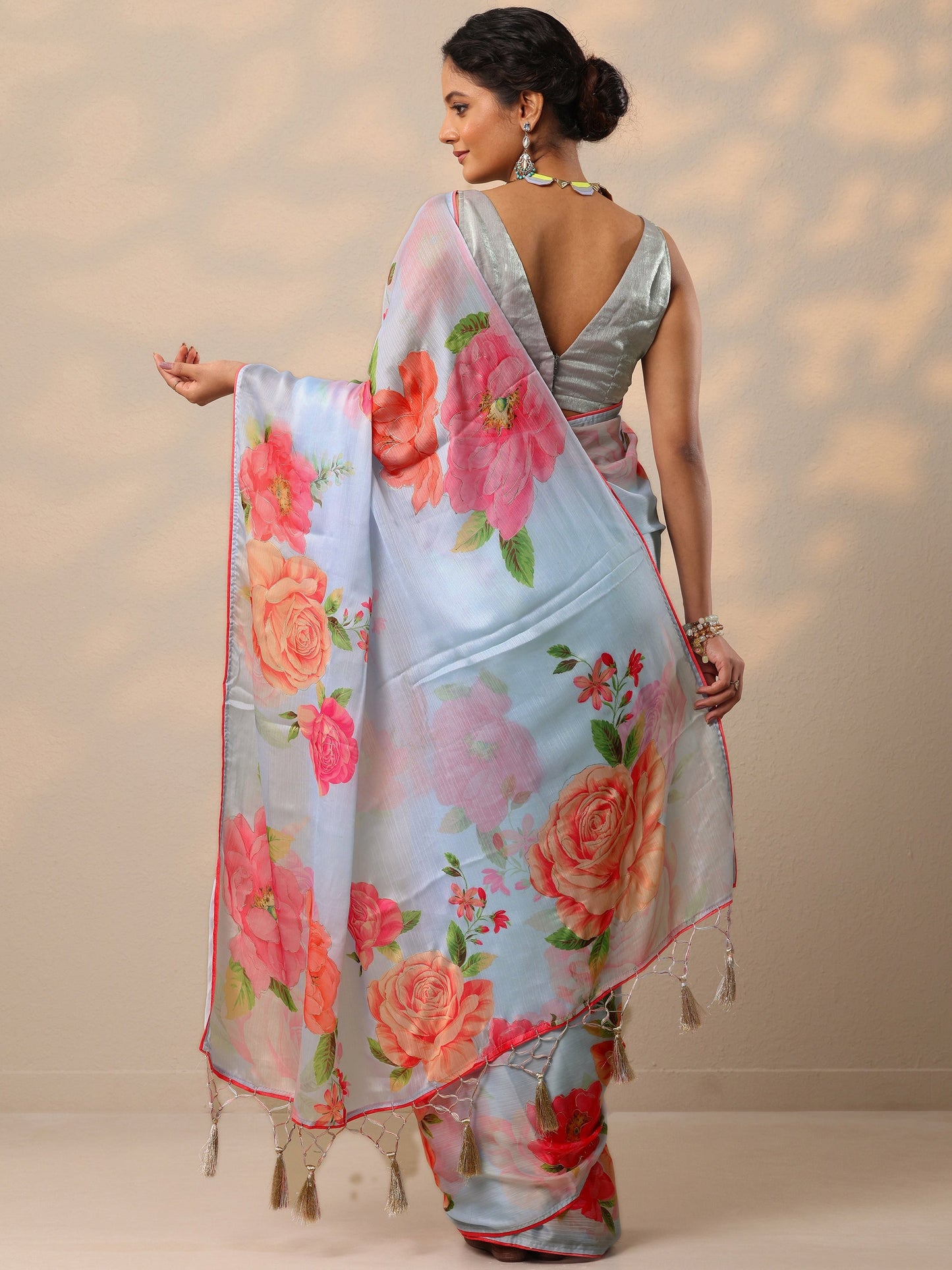 Blue Printed Crepe Saree With Unstitched Blouse Piece