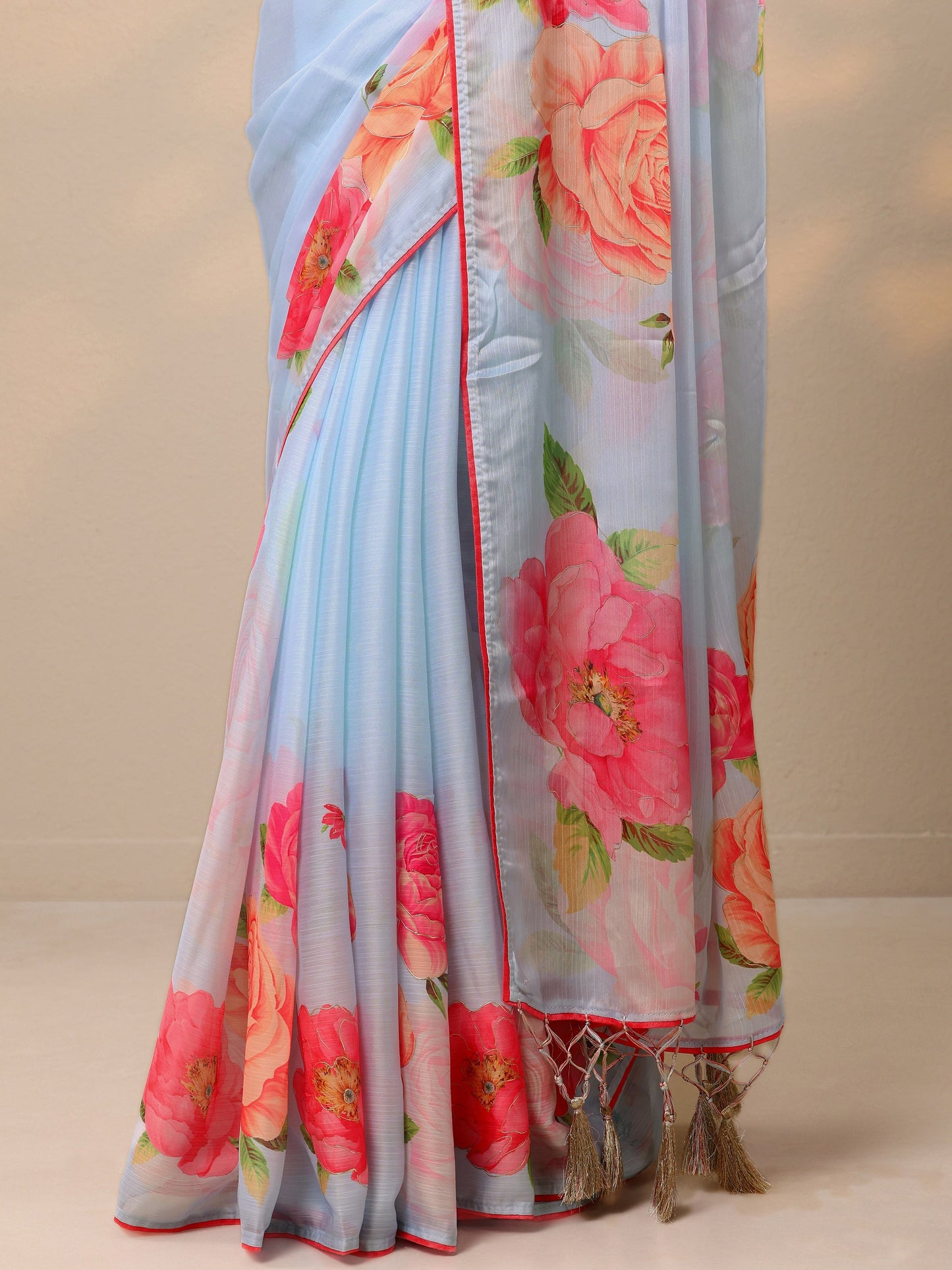 Blue Printed Crepe Saree With Unstitched Blouse Piece