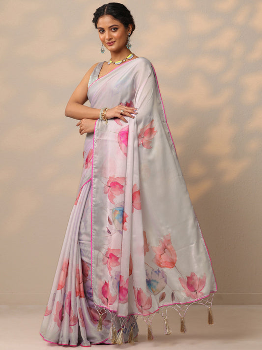 White Printed Crepe Saree With Unstitched Blouse Piece