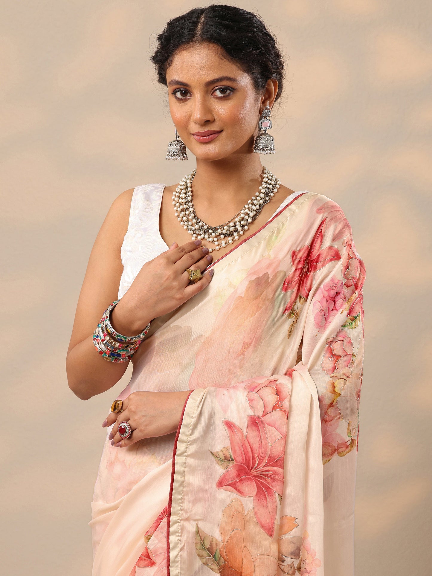 Cream Printed Crepe Saree With Unstitched Blouse Piece