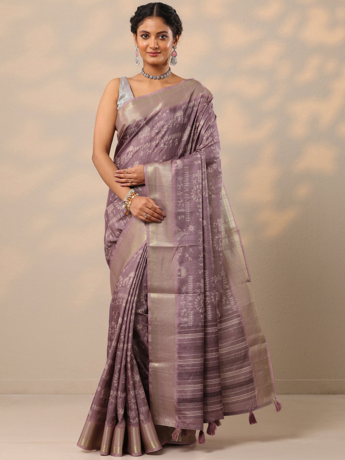 Purple Printed Silk blend Saree With Unstitched Blouse Piece