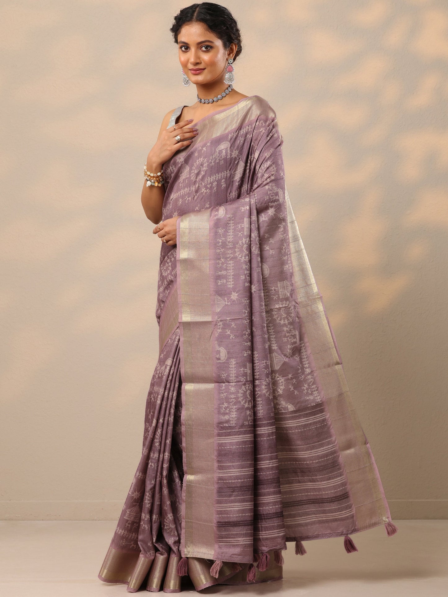Purple Printed Silk blend Saree With Unstitched Blouse Piece