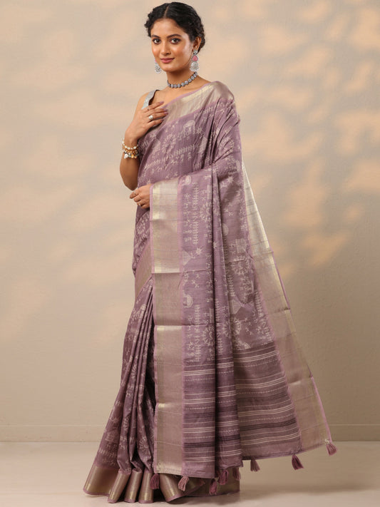 Purple Printed Silk blend Saree With Unstitched Blouse Piece