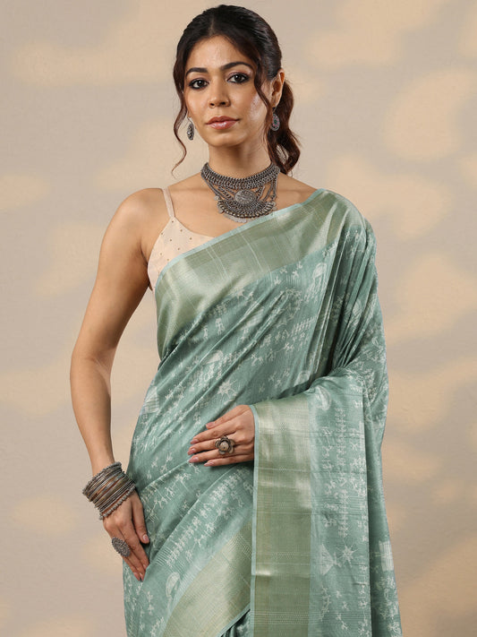 Green Printed Silk Blend Sarees With Unstitched Blouse Piece