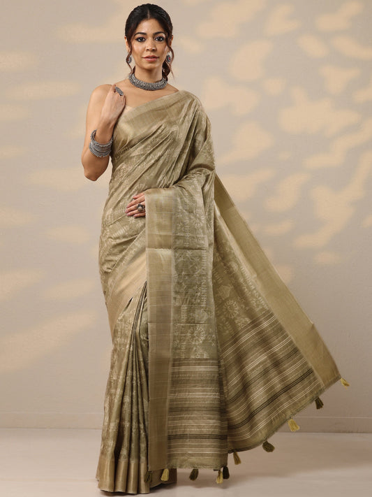 Gold Printed Silk Blend Sarees With Unstitched Blouse Piece