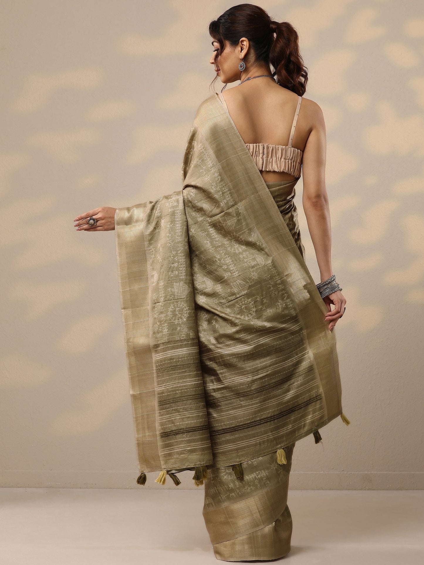 Gold Printed Silk Blend Sarees With Unstitched Blouse Piece