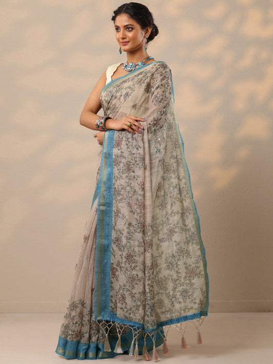 Beige Printed cotton blend Saree With Unstitched Blouse Piece