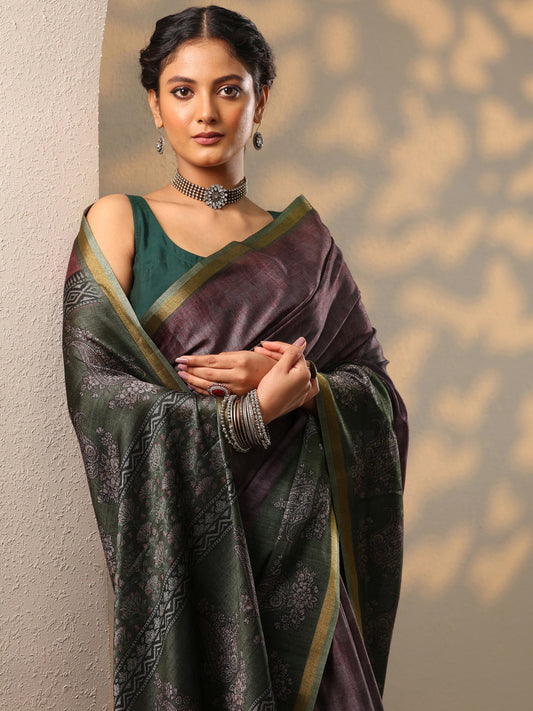 Purple Printed cotton blend Saree With Unstitched Blouse Piece