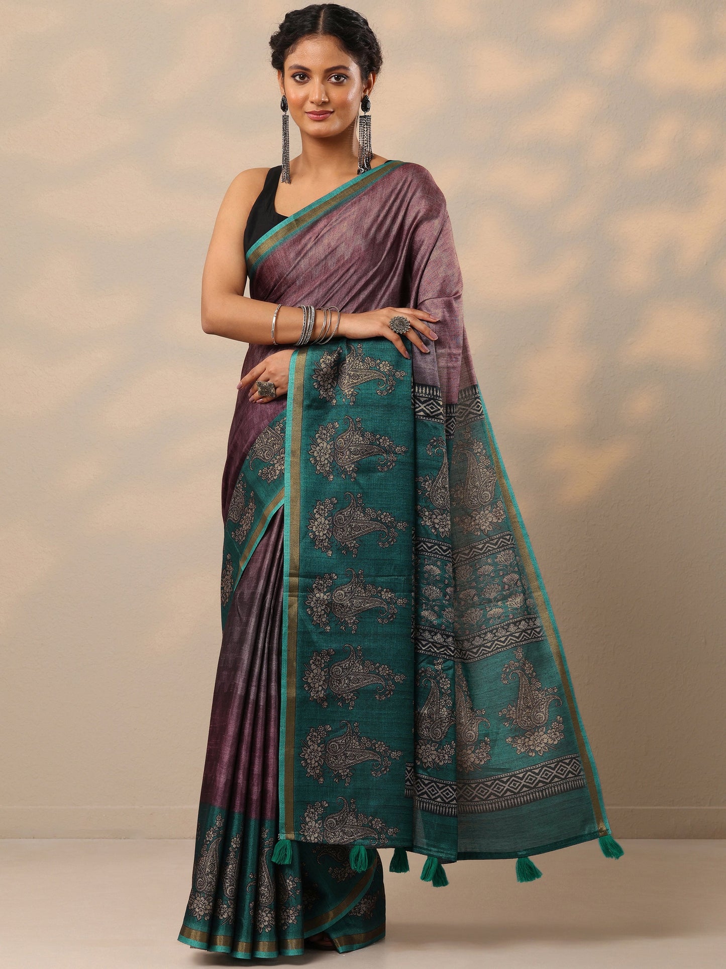Mauve Printed cotton blend Saree With Unstitched Blouse Piece