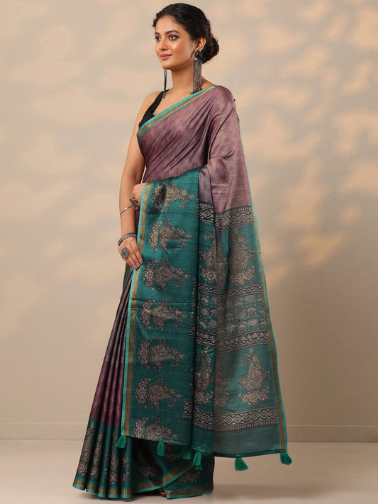 Mauve Printed cotton blend Saree With Unstitched Blouse Piece