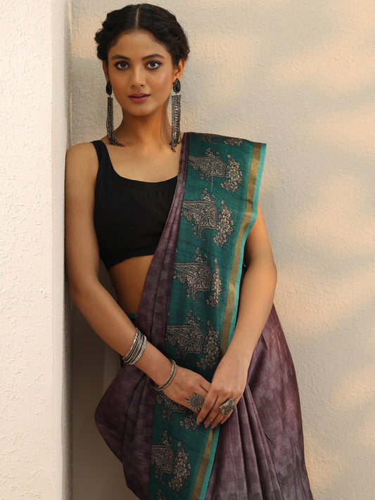 Mauve Printed cotton blend Saree With Unstitched Blouse Piece