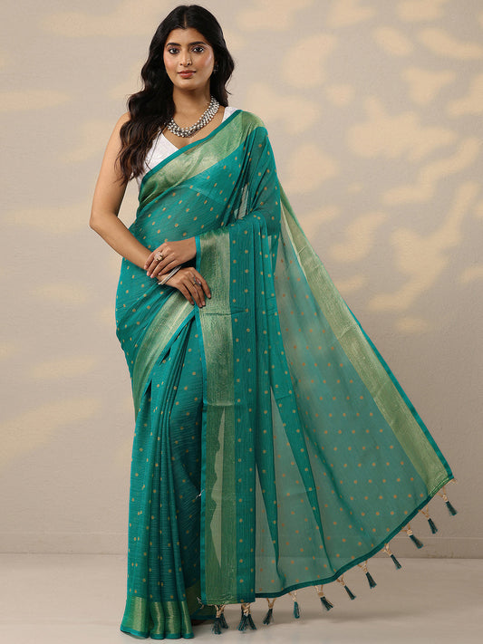 Green Printed Chiffon Sarees With Unstitched Blouse Piece