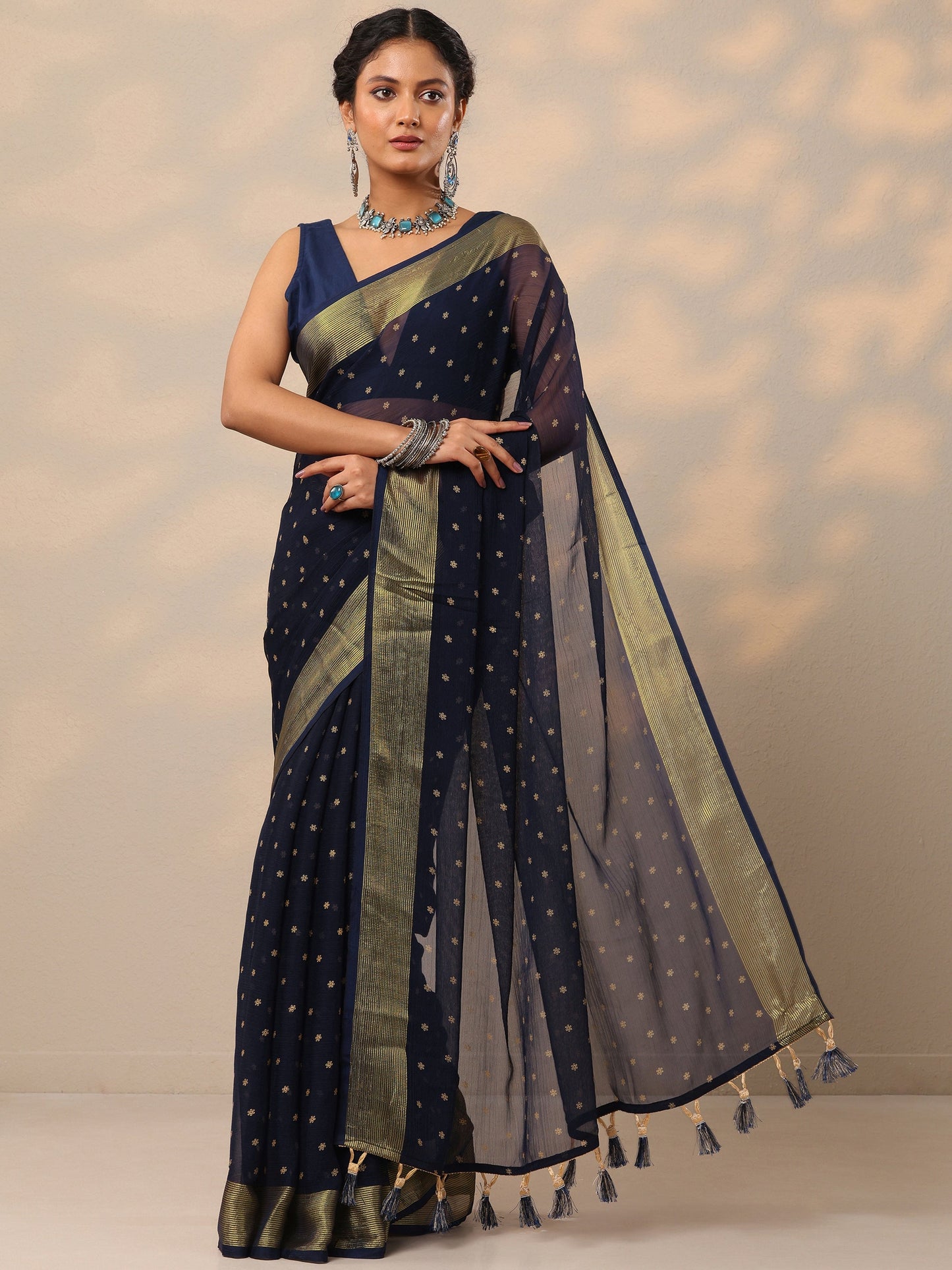 Blue Printed Chiffon Saree With Unstitched Blouse Piece