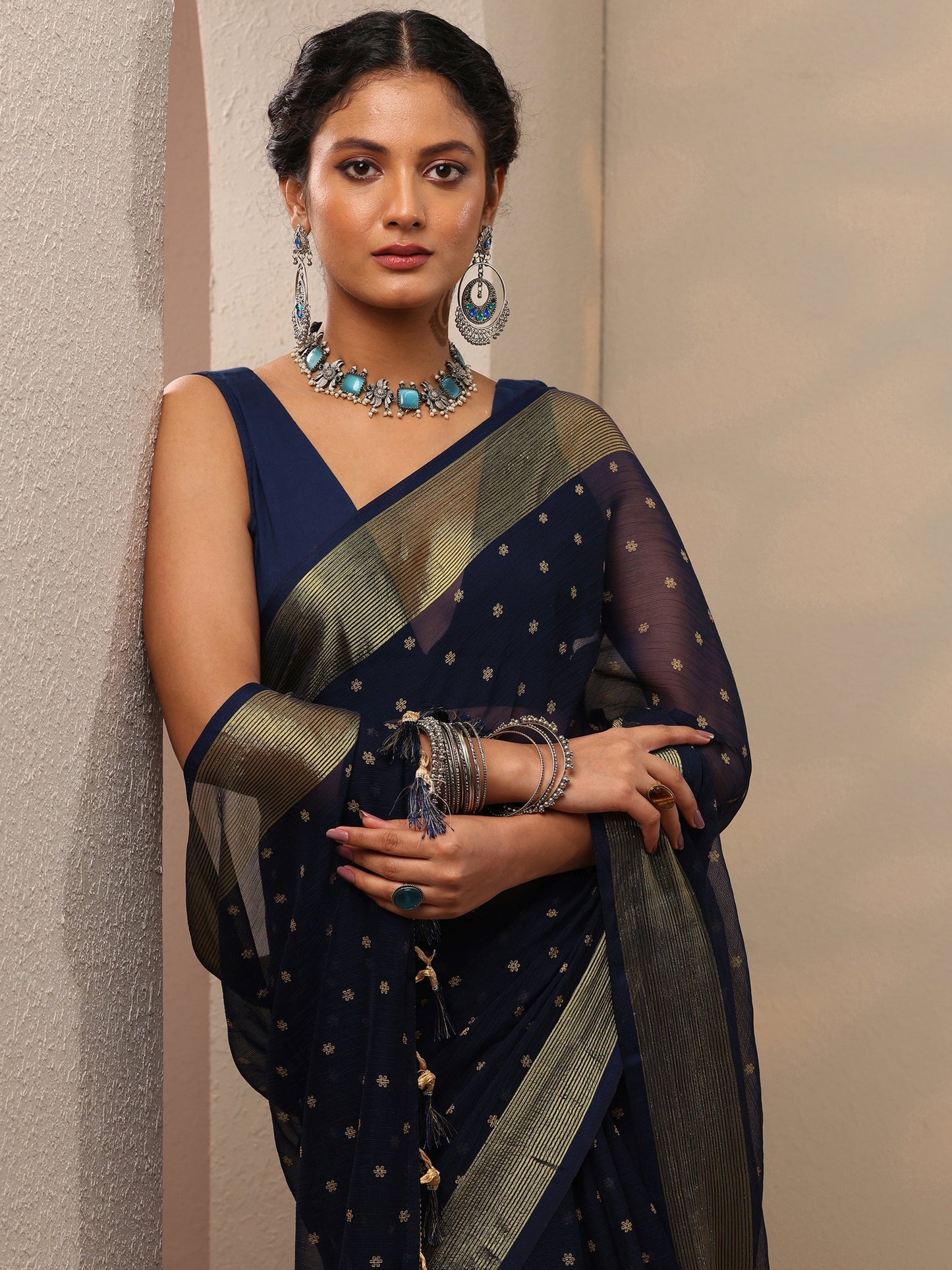Blue Printed Chiffon Saree With Unstitched Blouse Piece