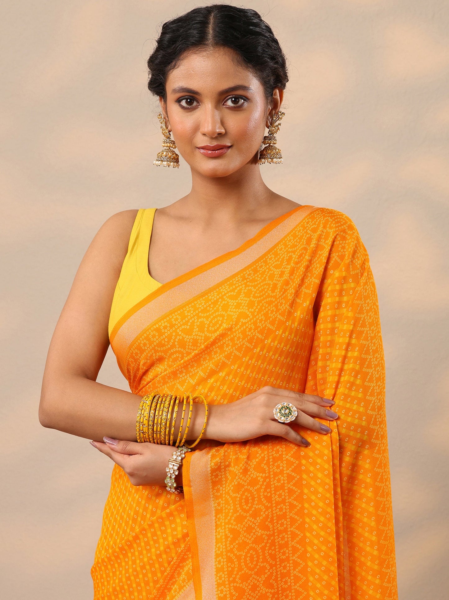 Yellow Bandhani Printed Georgette Saree With Unstitched Blouse Piece