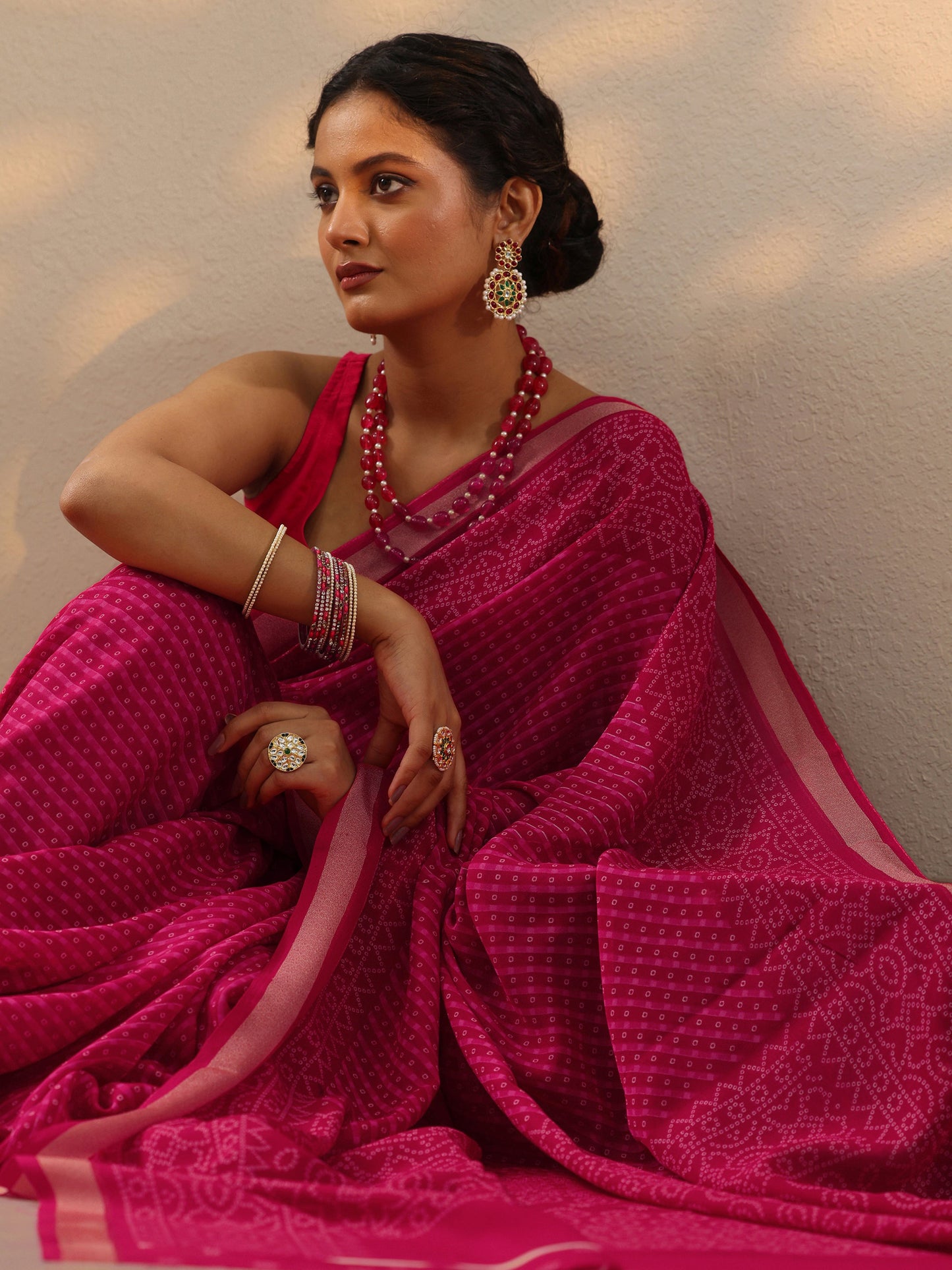 Pink Bandhani Printed Georgette Saree With Unstitched Blouse Piece