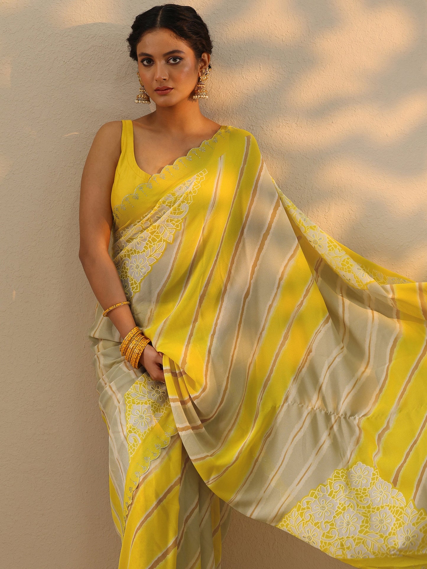 Yellow Leheriya Printed Georgette Saree With Unstitched Blouse Piece