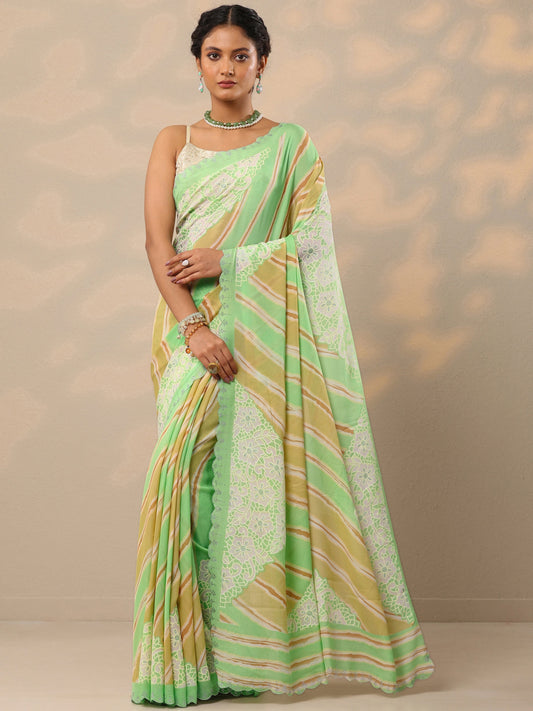 Green Leheriya Printed Georgette Saree With Unstitched Blouse Piece