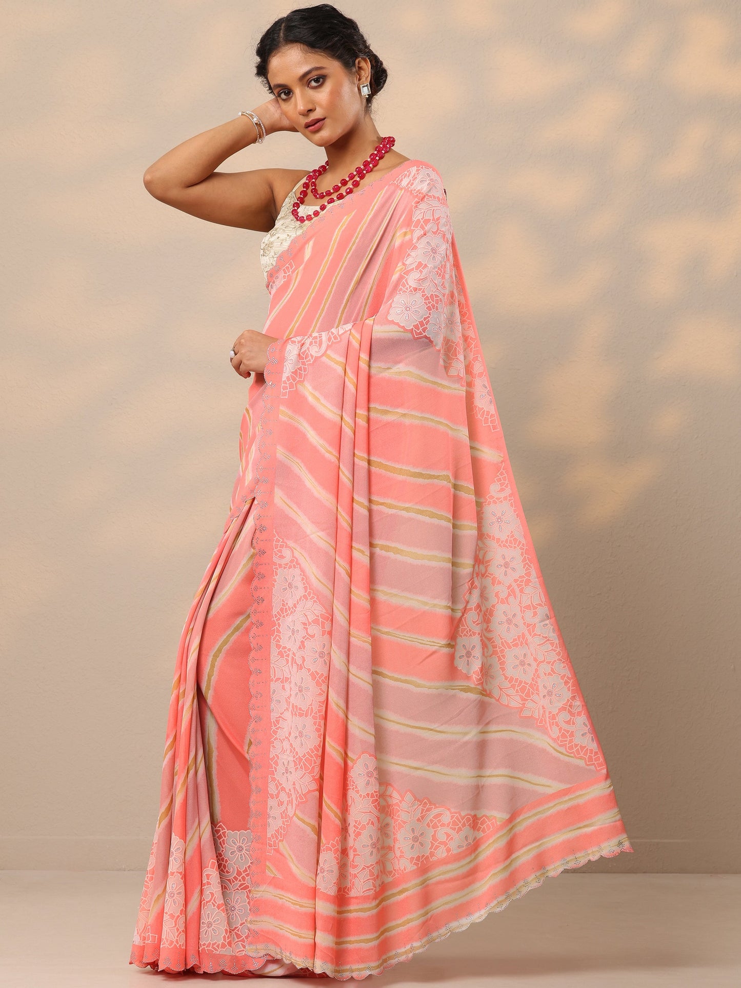 Coral Leheriya Printed Georgette Saree With Unstitched Blouse Piece