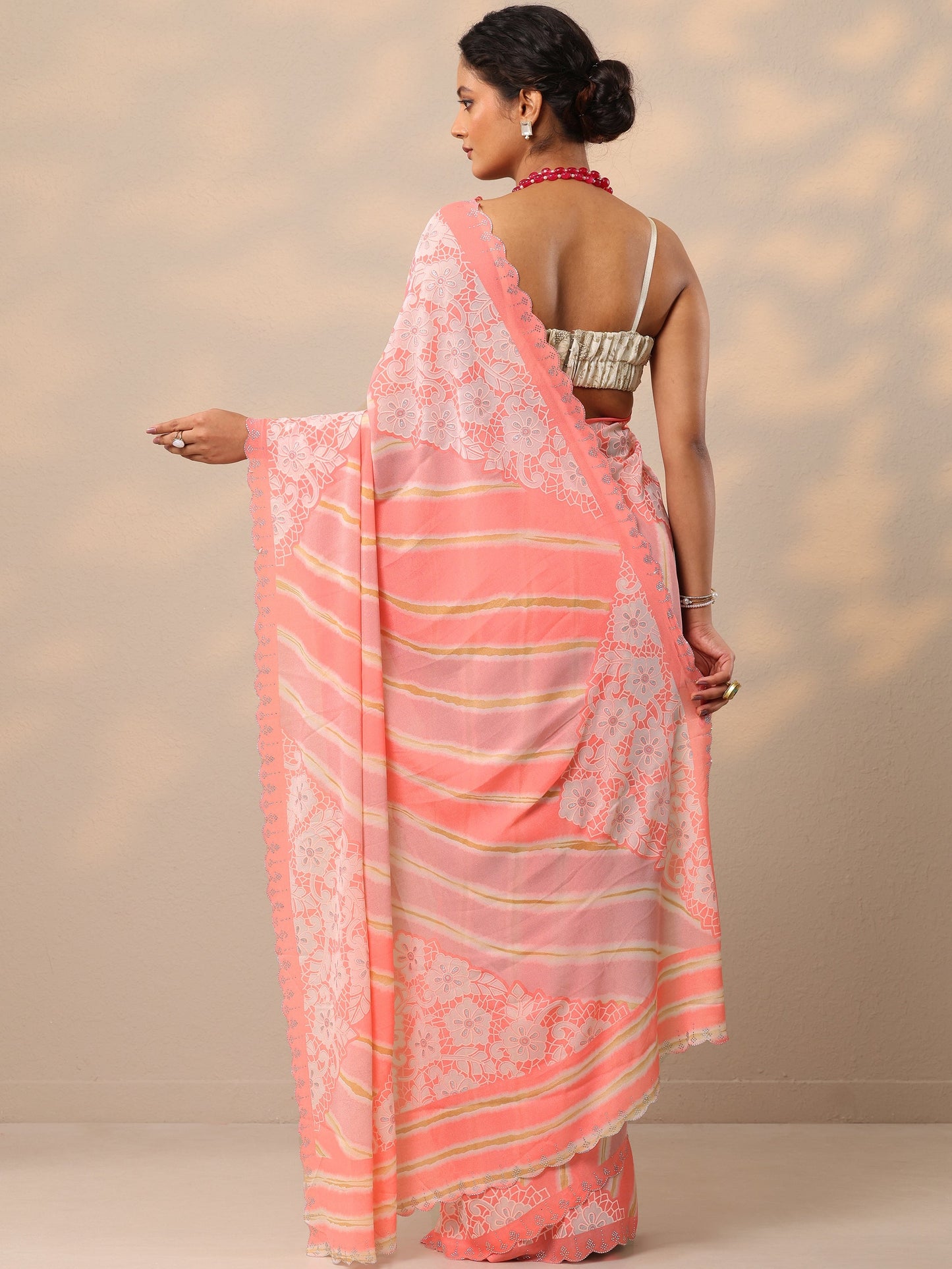 Coral Leheriya Printed Georgette Saree With Unstitched Blouse Piece