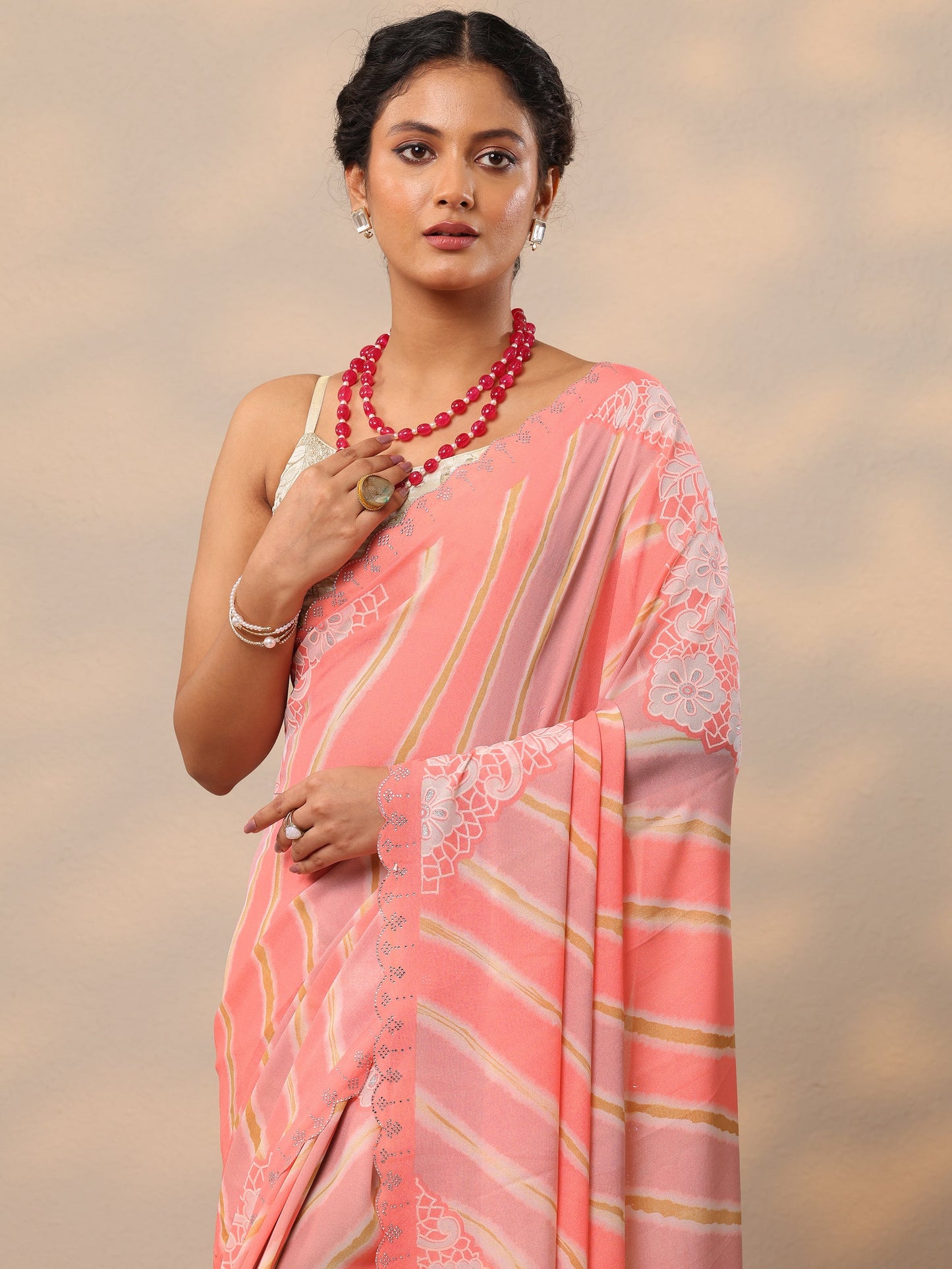 Coral Leheriya Printed Georgette Saree With Unstitched Blouse Piece