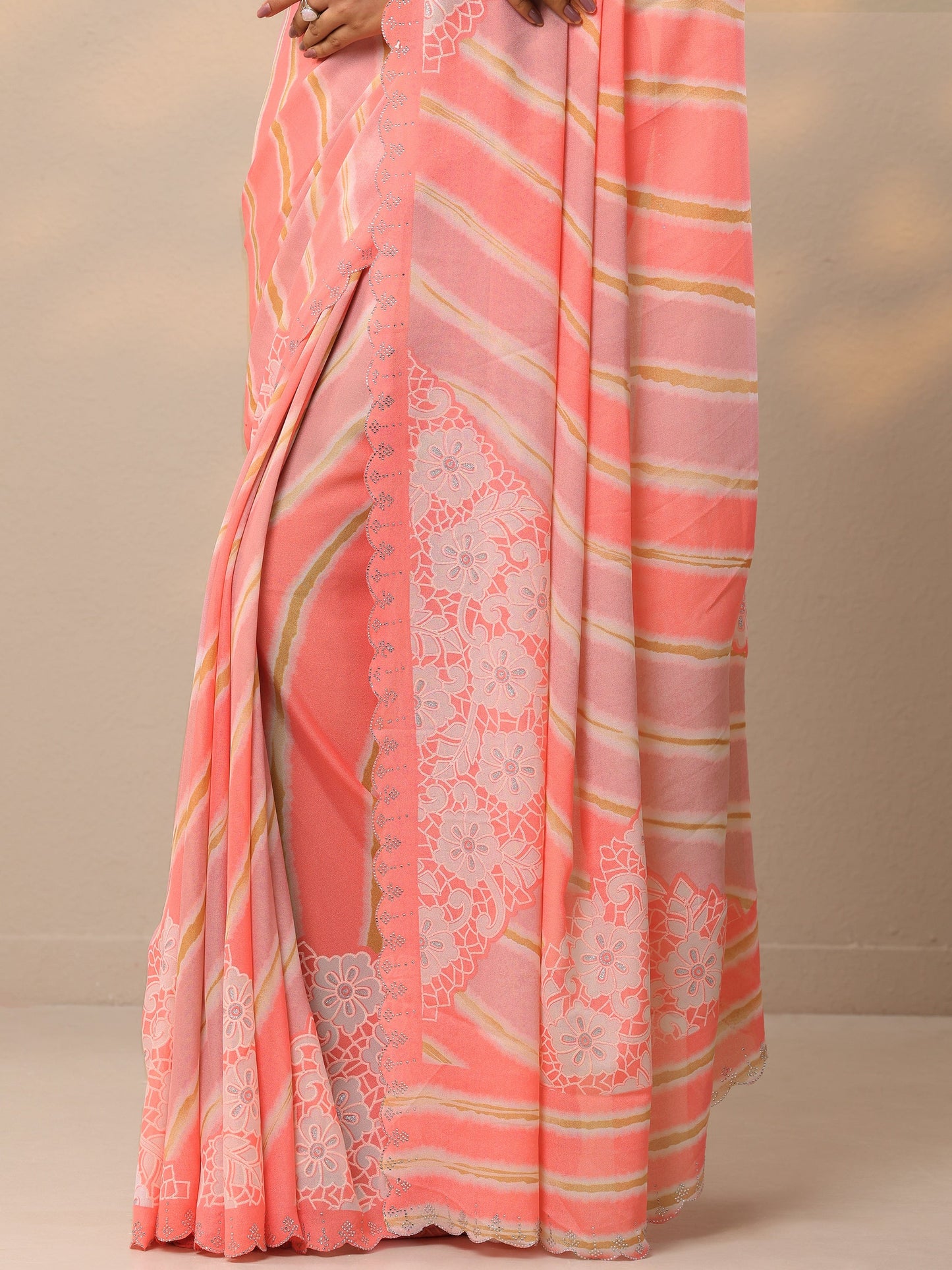 Coral Leheriya Printed Georgette Saree With Unstitched Blouse Piece
