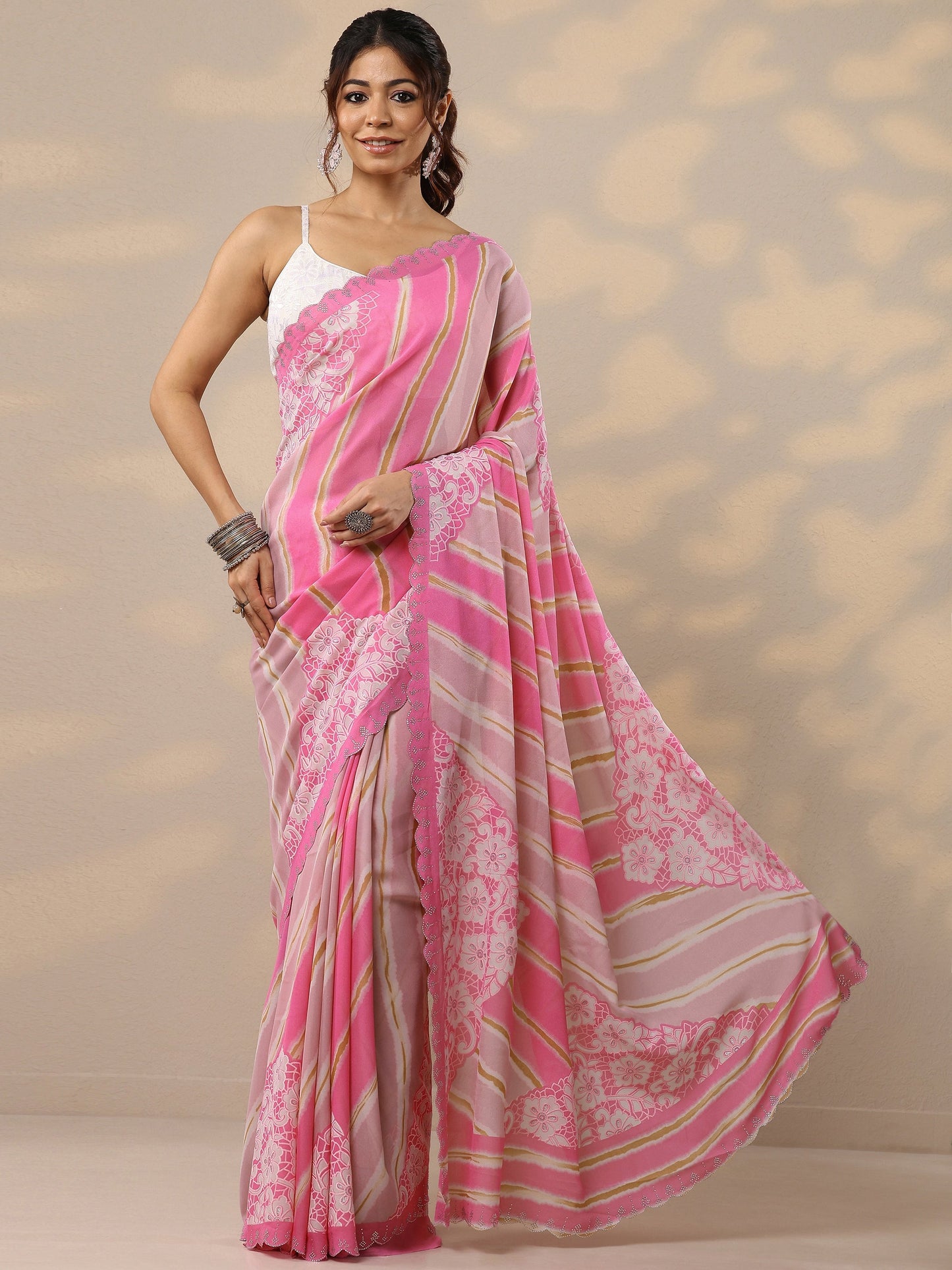 Pink Leheriya Printed Georgette Sarees With Unstitched Blouse Piece