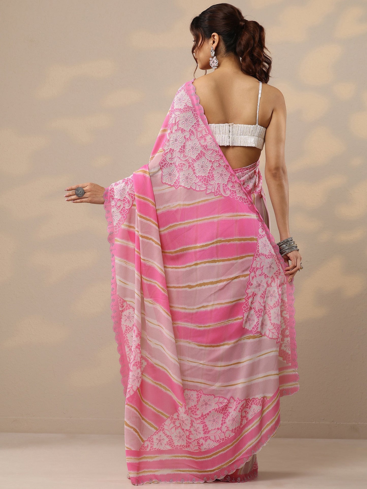 Pink Leheriya Printed Georgette Sarees With Unstitched Blouse Piece