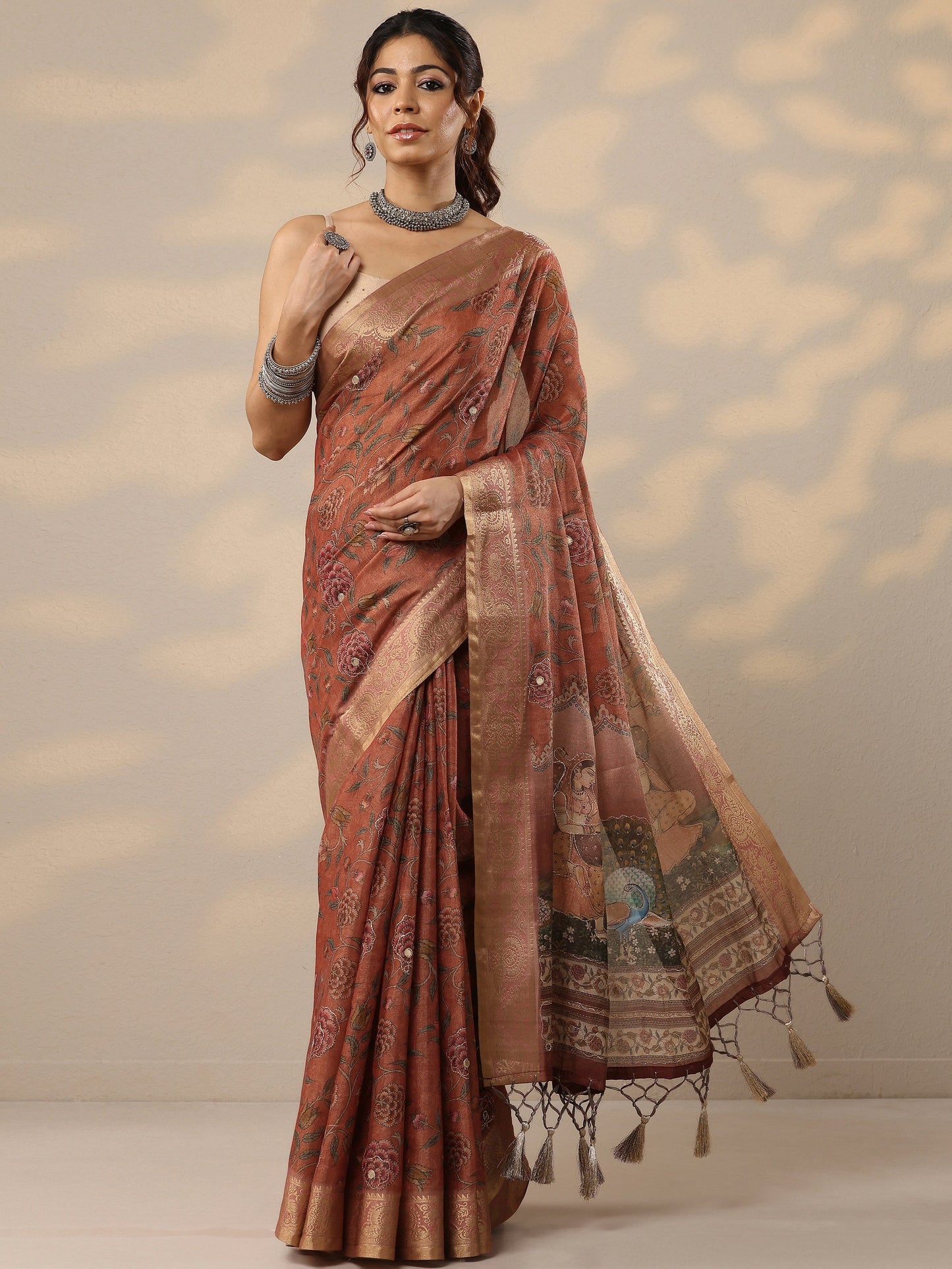 Rust Printed Cotton Blend Sarees With Unstitched Blouse Piece