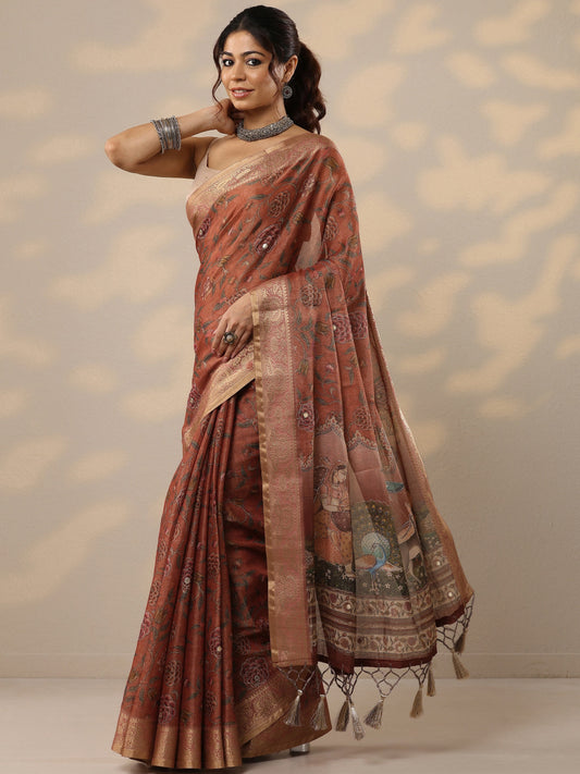 Rust Printed Cotton Blend Sarees With Unstitched Blouse Piece
