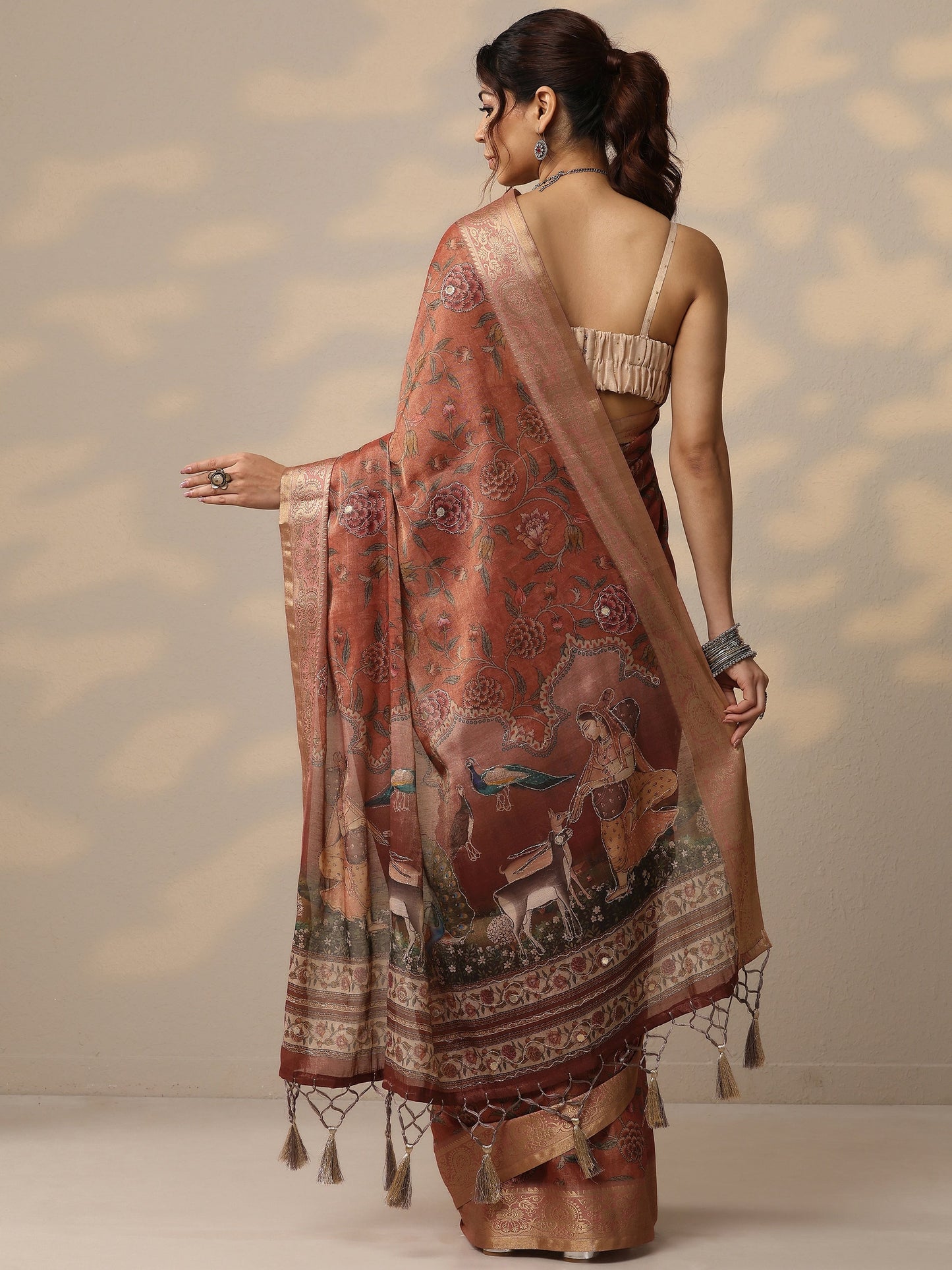 Rust Printed Cotton Blend Sarees With Unstitched Blouse Piece