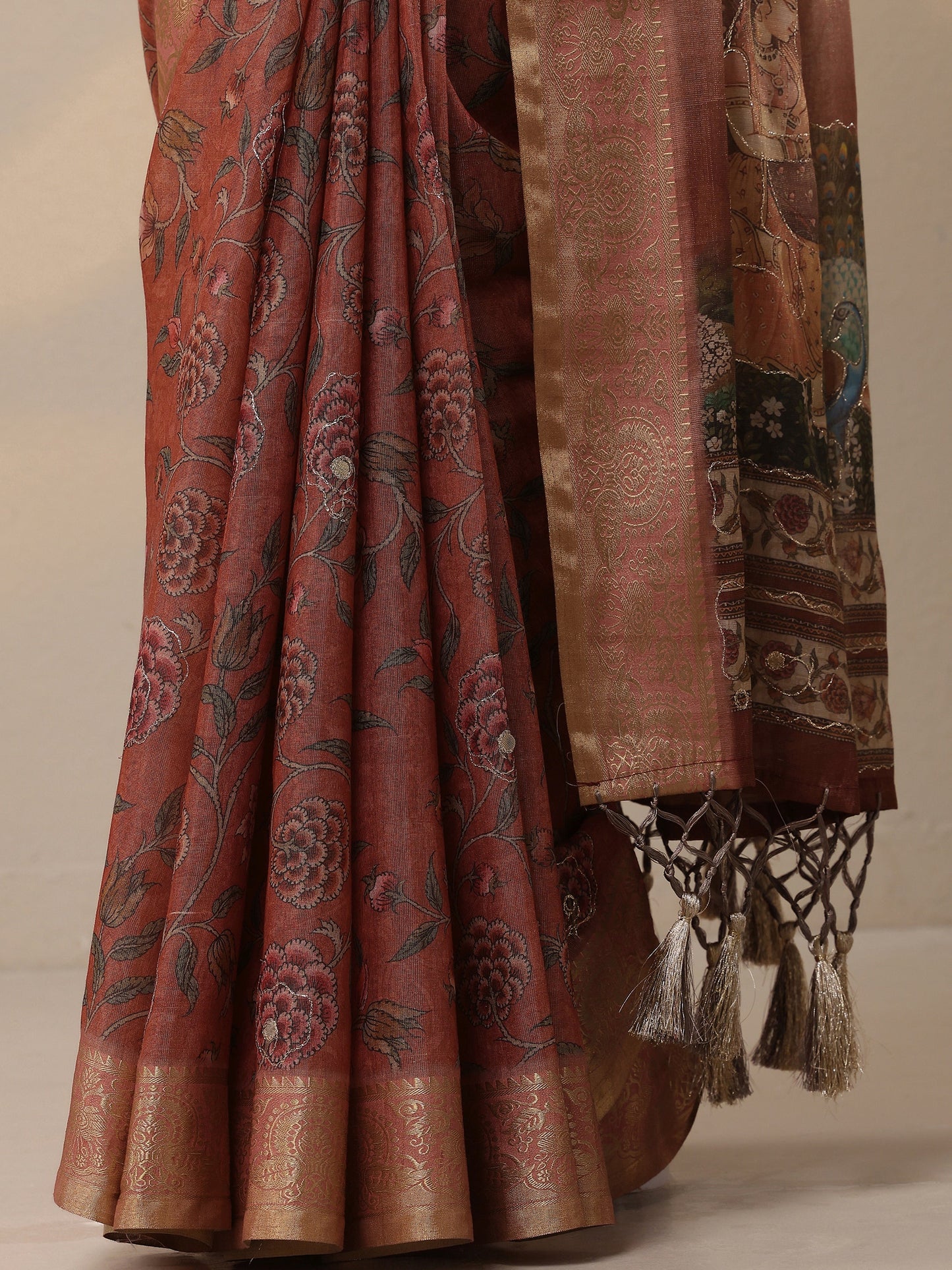 Rust Printed Cotton Blend Sarees With Unstitched Blouse Piece