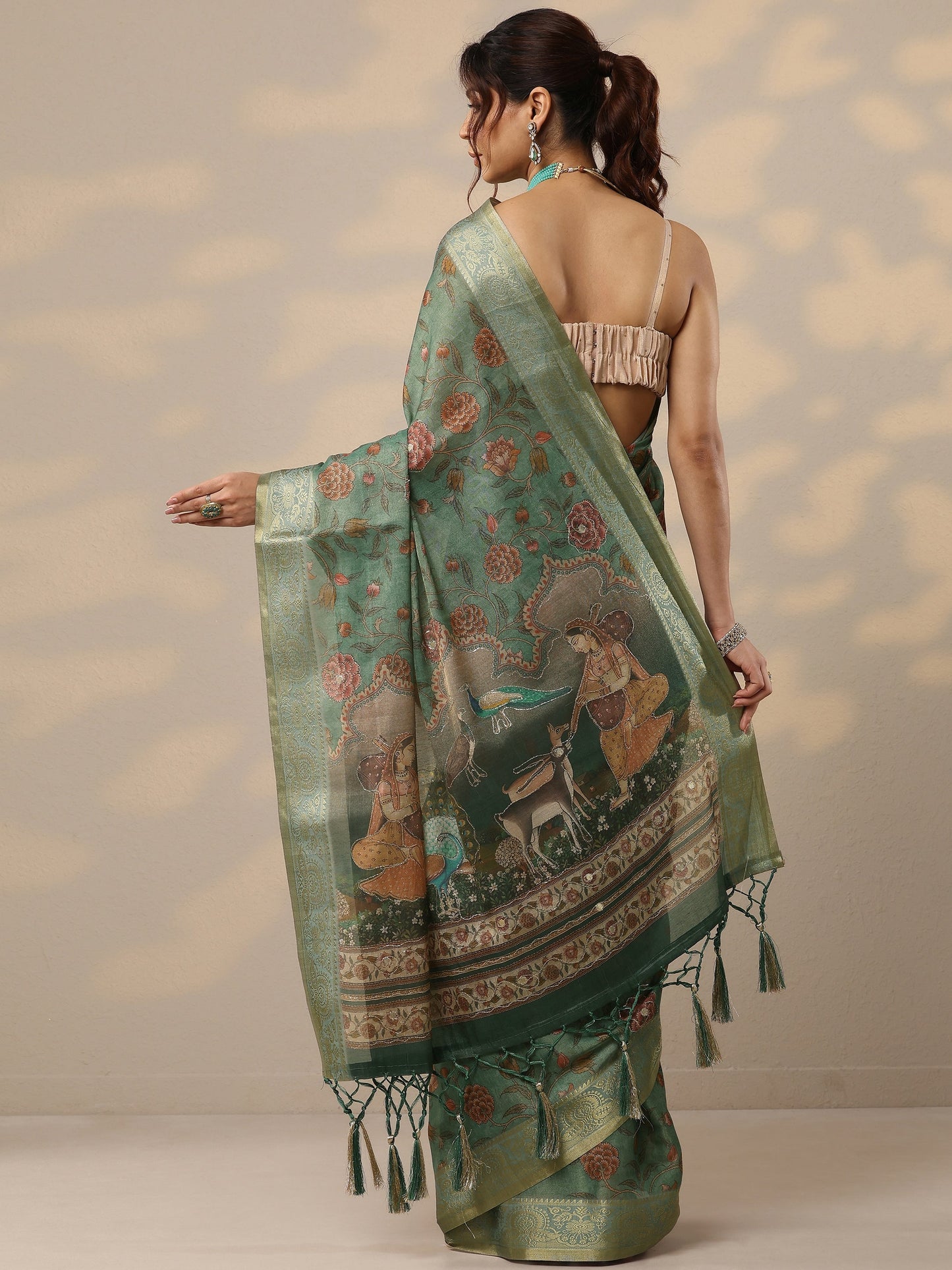 Green Printed Cotton Blend Sarees With Unstitched Blouse Piece