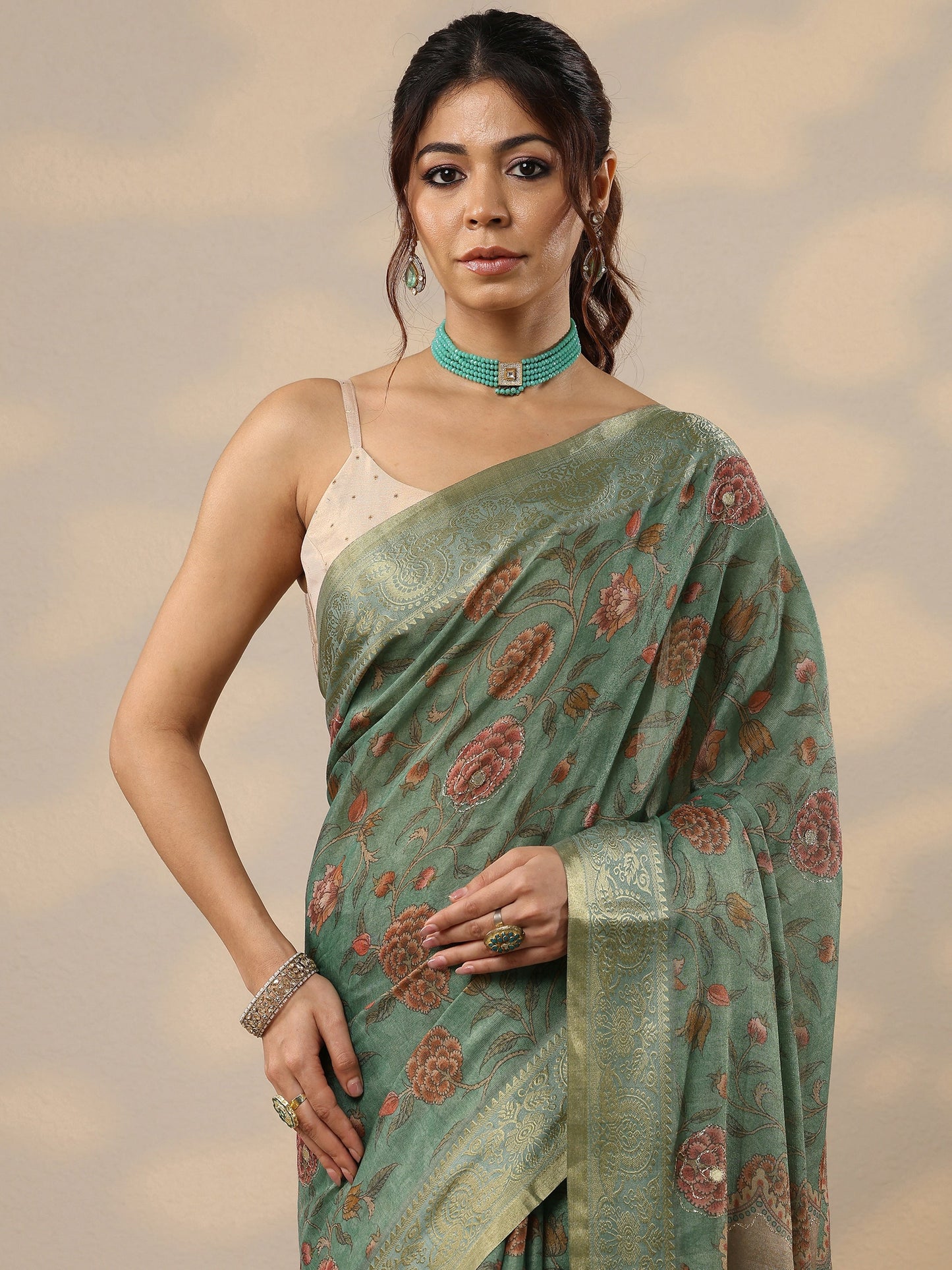 Green Printed Cotton Blend Sarees With Unstitched Blouse Piece