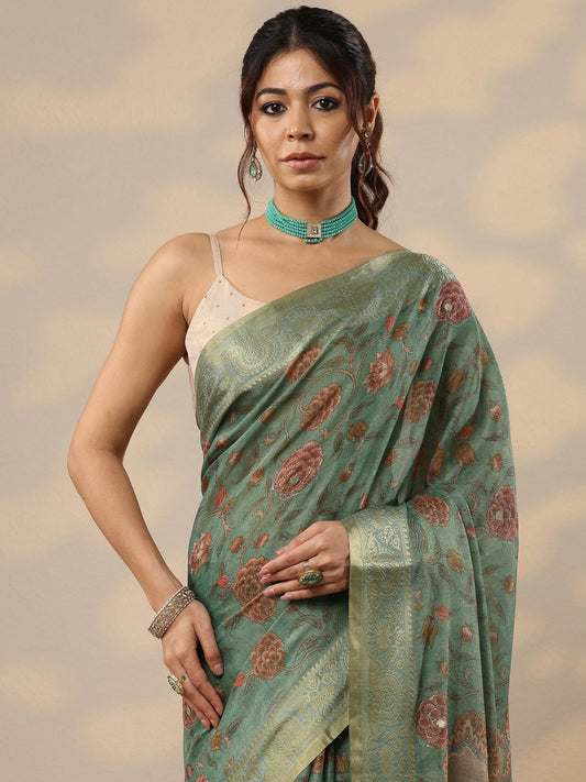 Green Printed Cotton Blend Sarees With Unstitched Blouse Piece